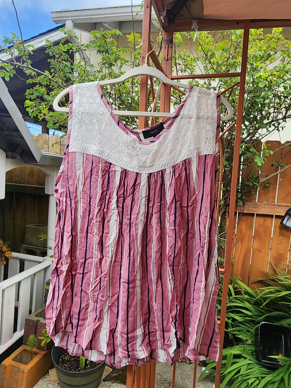 NAIF Pink & White Striped Lace Yoke Tank